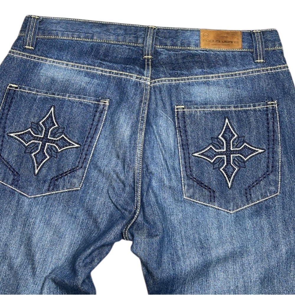 Vintage Focus 70 Jeans Mens 36x31 Straight Leg Grunge Blue Denim Cross Jeans Y2K